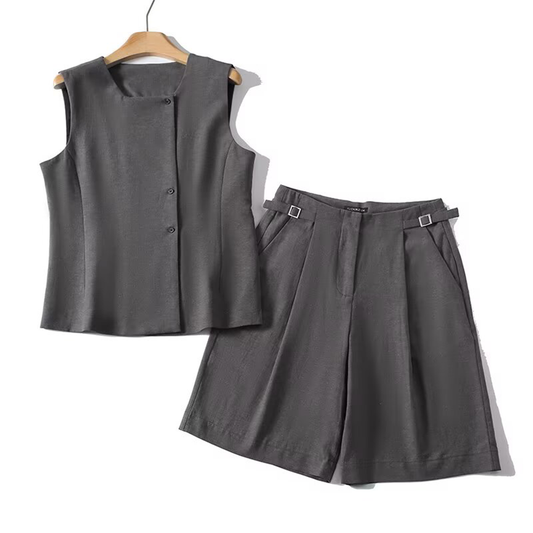 suit Women's 2 pieces double breasted linen blend vest+Shorts