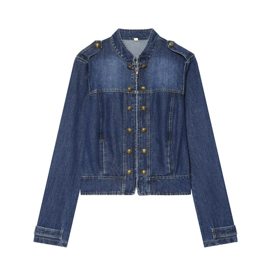 Women's long sleeved O Neck denim jacket