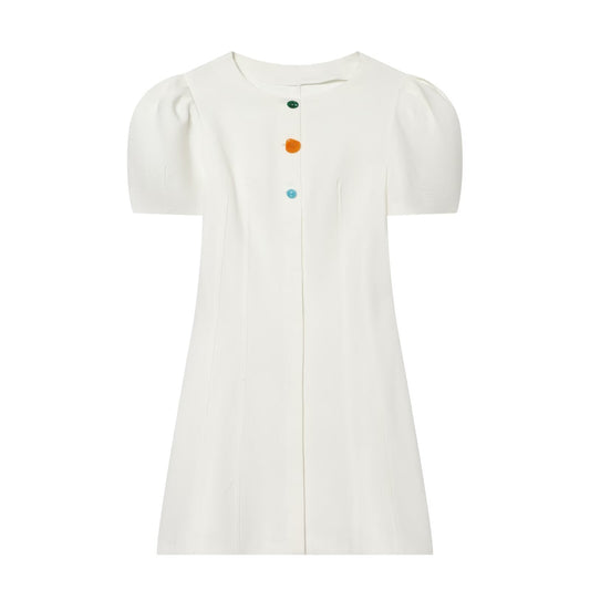 Women's button decoration bubble sleeve mini dress