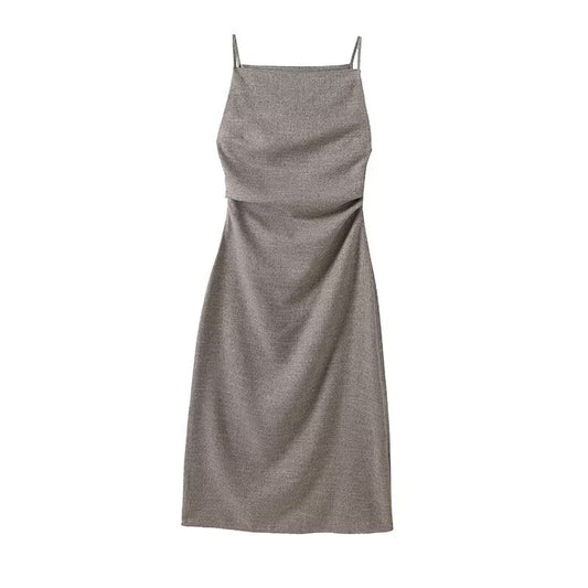 Women's new fashion pleated decoration slim suspender MIDI dress